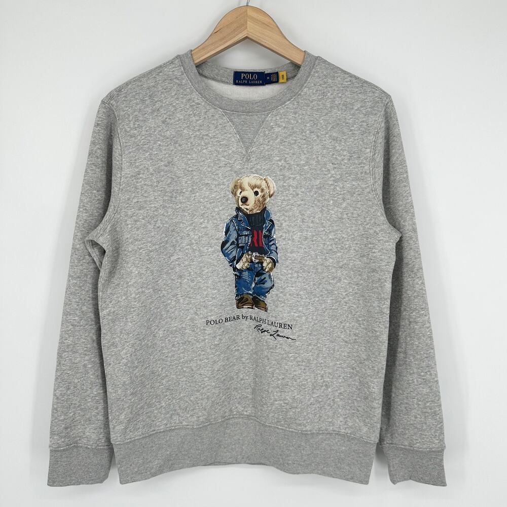 Ralph Lauren Polo Bear Logo Fleece Sweatshirt Crew Neck Heather Denim Bear Gray - Picture 5 of 15